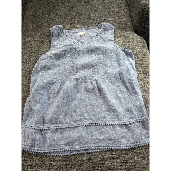 Garnet Hill Womens Blue Sleeveless Linen Top Size 6 V-Neck Pintuck Detail - Picture 1 of 7
